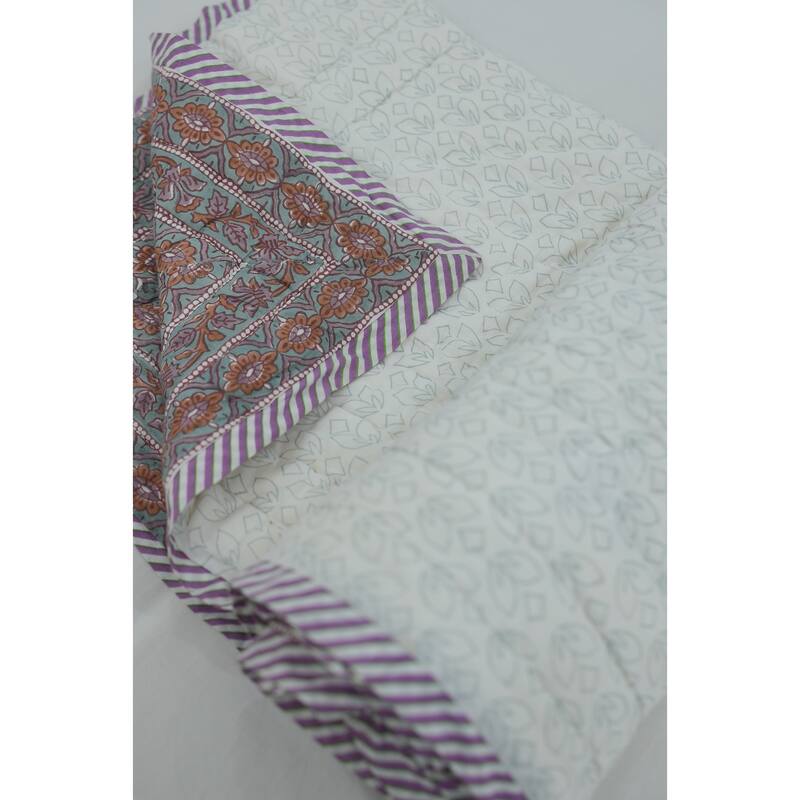 Fabdivine Luxury Hand Block Print Cotton Quilt Floral Boho Bedding for Bedroom & Sofa, Pink Brown, Handmade Reversible Bedspread