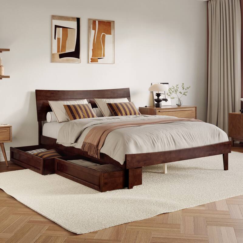 Phoenix Wood Platform Bed with Storage Drawers - Walnut - Queen