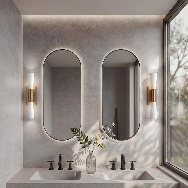 21.7-Inch Modern Gold Wall Sconce with Acid-etched Glass Shades, Up and Down Lighting - 4.3'' W × 5.5'' D × 21.7'' H