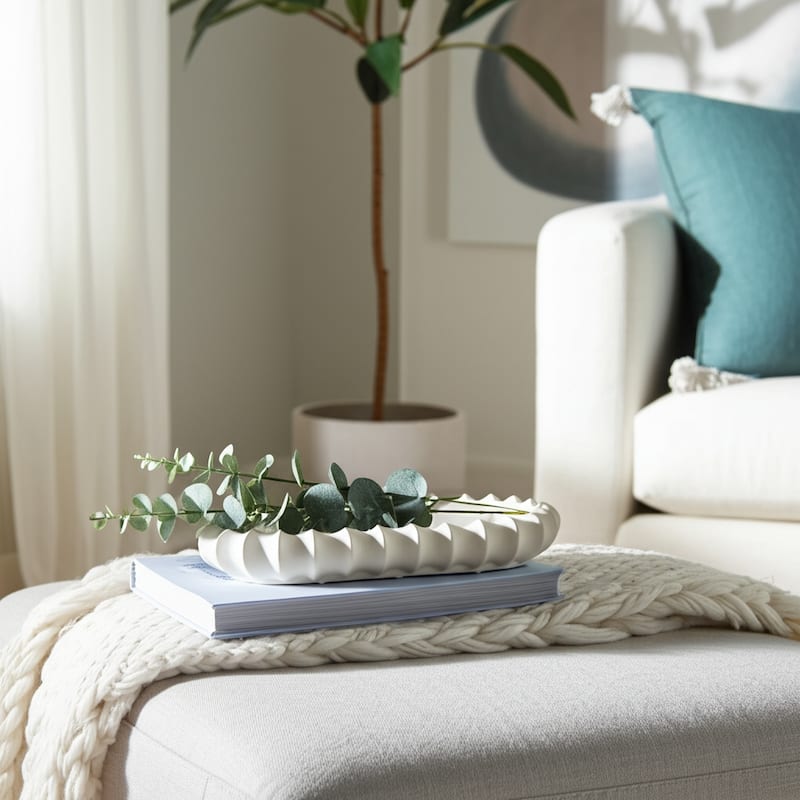 Ceramic Decorative Tray Sculpted Edge Design Modern Decor - 3" Ivory - 18" x 8" x 3"