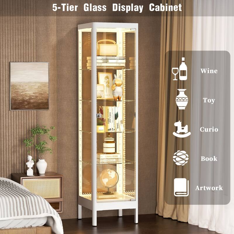 5-Tier Tempered Glass Curio Display Cabinet with Adjustable Shelves - 63"H x 15.4"W x 15.8"D
