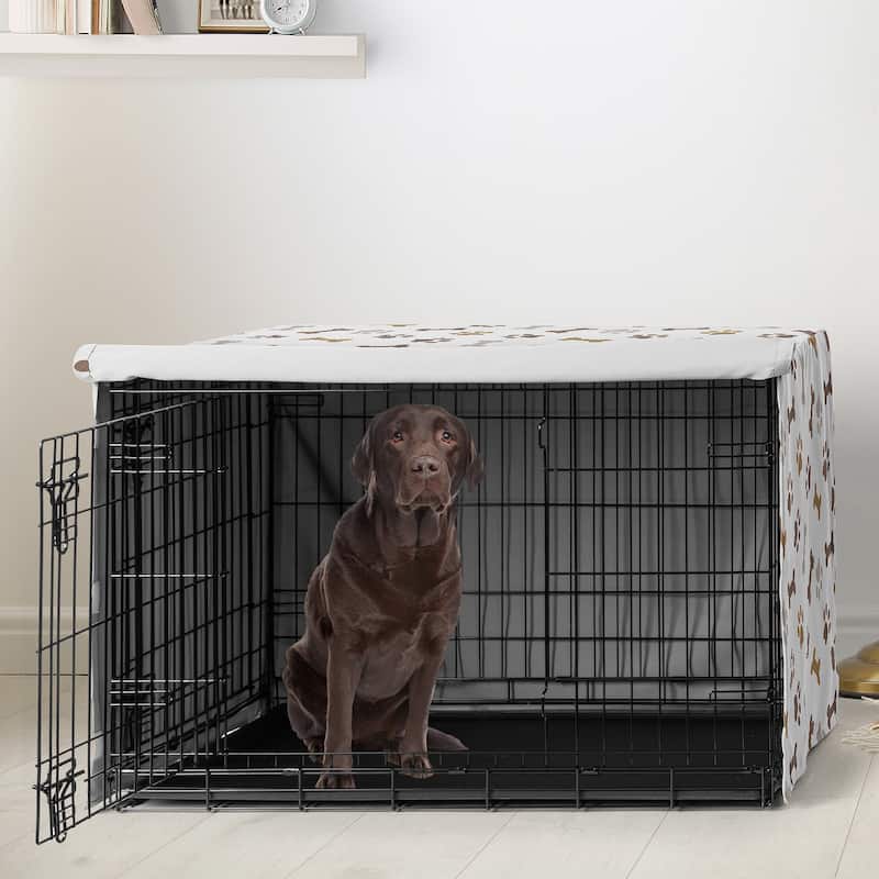 Sweet Jojo Designs Bone Paw Print Dog Crate Kennel Cover 42in. Neutral Grey Taupe Brown Modern Off White Gray Tan Puppy