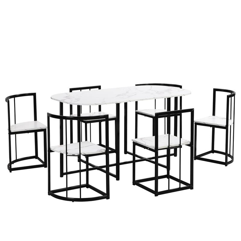 7-Piece Compact Dining Set for 6 with Faux Marble Table and Stylish Metal Frame Chairs, 55-Inch