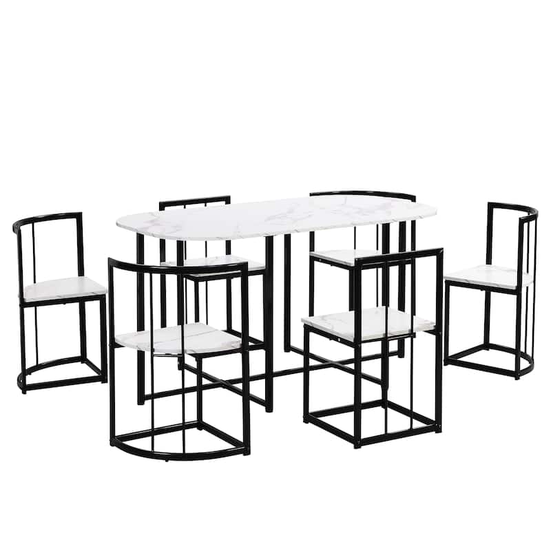 Modern 7-Piece Dining Table Set with Faux Marble Compact 55Inch Kitchen Table Set for 6