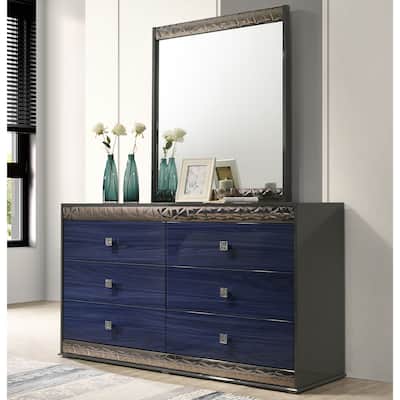 Furniture of America Luzen Glam 2-Piece Ash Grey and Indigo Blue Wood 6-Drawer Dresser and Mirror Set