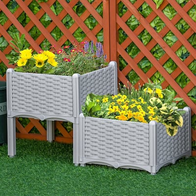 Outsunny 2-Piece Rattan Raised Garden Beds Outdoor Planter Boxes with Different Stacking Arrangements, Self-Watering Design