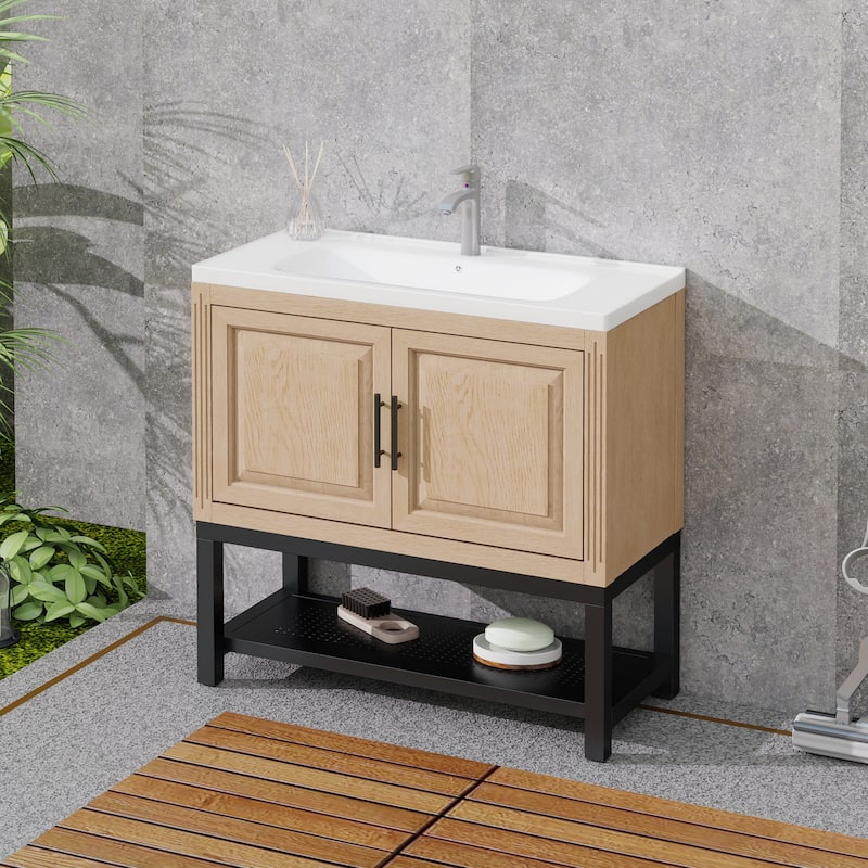 GDFStudio - CompactLine Modern Freestanding Bathroom Vanity with Ceramic Sink and Open Metal Shelf - 36 Inch