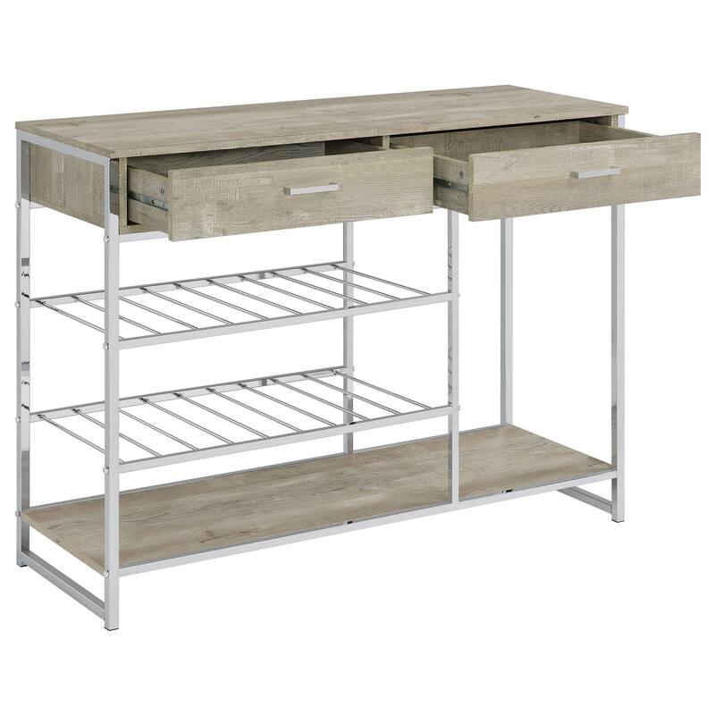 Mel 48 Inch Wine Rack Bar Sideboard, 2 Drawers, Shelves, Gray, Chrome Metal