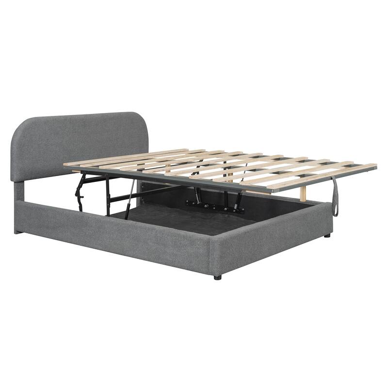 Queen Upholstered Platform Bed with Hydraulic Storage, Teddy Fleece Fabric, Sturdy MDF Frame, and Curved Headboard