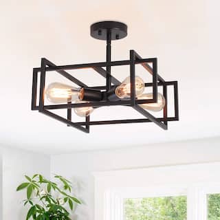 4-Light Semi-Flush Mount Light with Rustic Accent Square Cage for Living Room