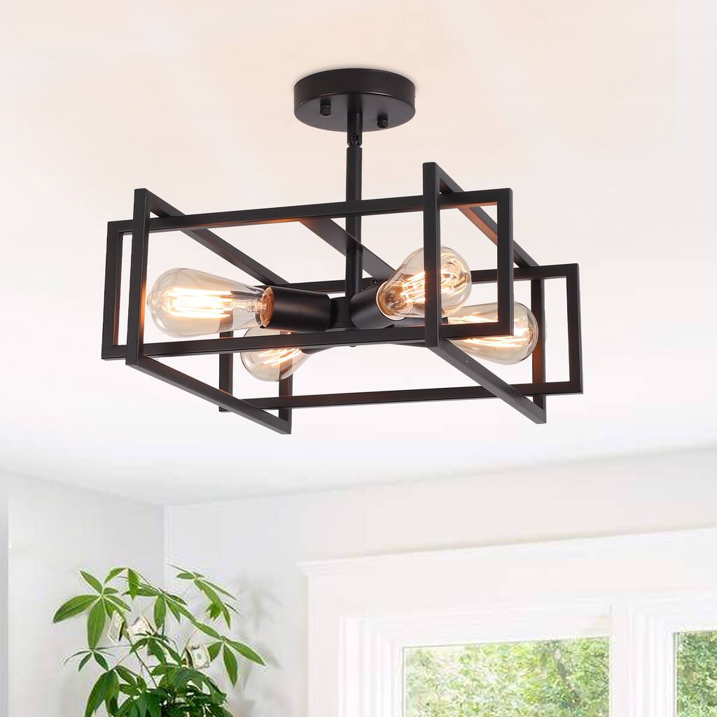 4-Light Semi-Flush Mount Light with Rustic Accent Square Cage for Living Room