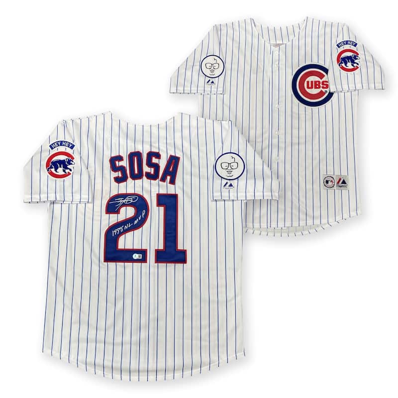 Sammy Sosa Autographed Chicago Cubs 1998 NL MVP Majestic Signed Baseball Jersey Beckett COA - 8' x 11'