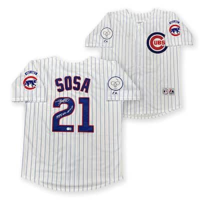 Sammy Sosa Autographed Chicago Cubs 1998 NL MVP Majestic Signed Baseball Jersey Beckett COA - 8' x 11'