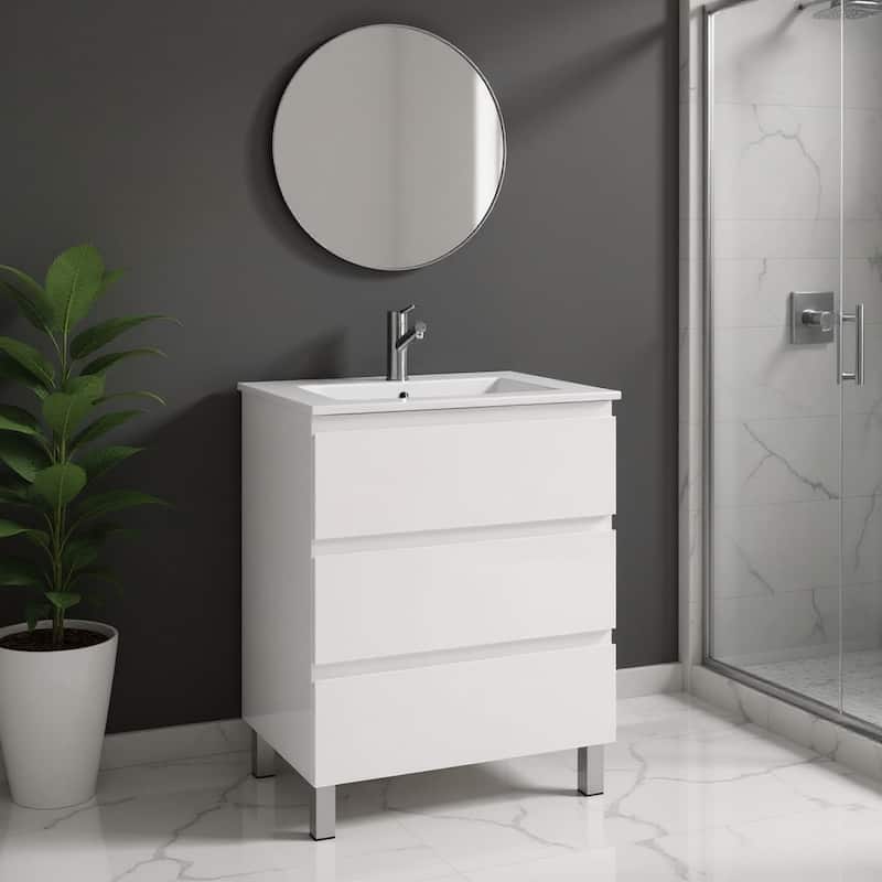 HomeRoots 24" White Wood Freestanding Bathroom Vanity With White Sink And Three Drawers - 24.00 in. x 33.13 in. x 18.10 in. - 24.00 in. x 33.13 in.  x 18.10 in. - Polished - White