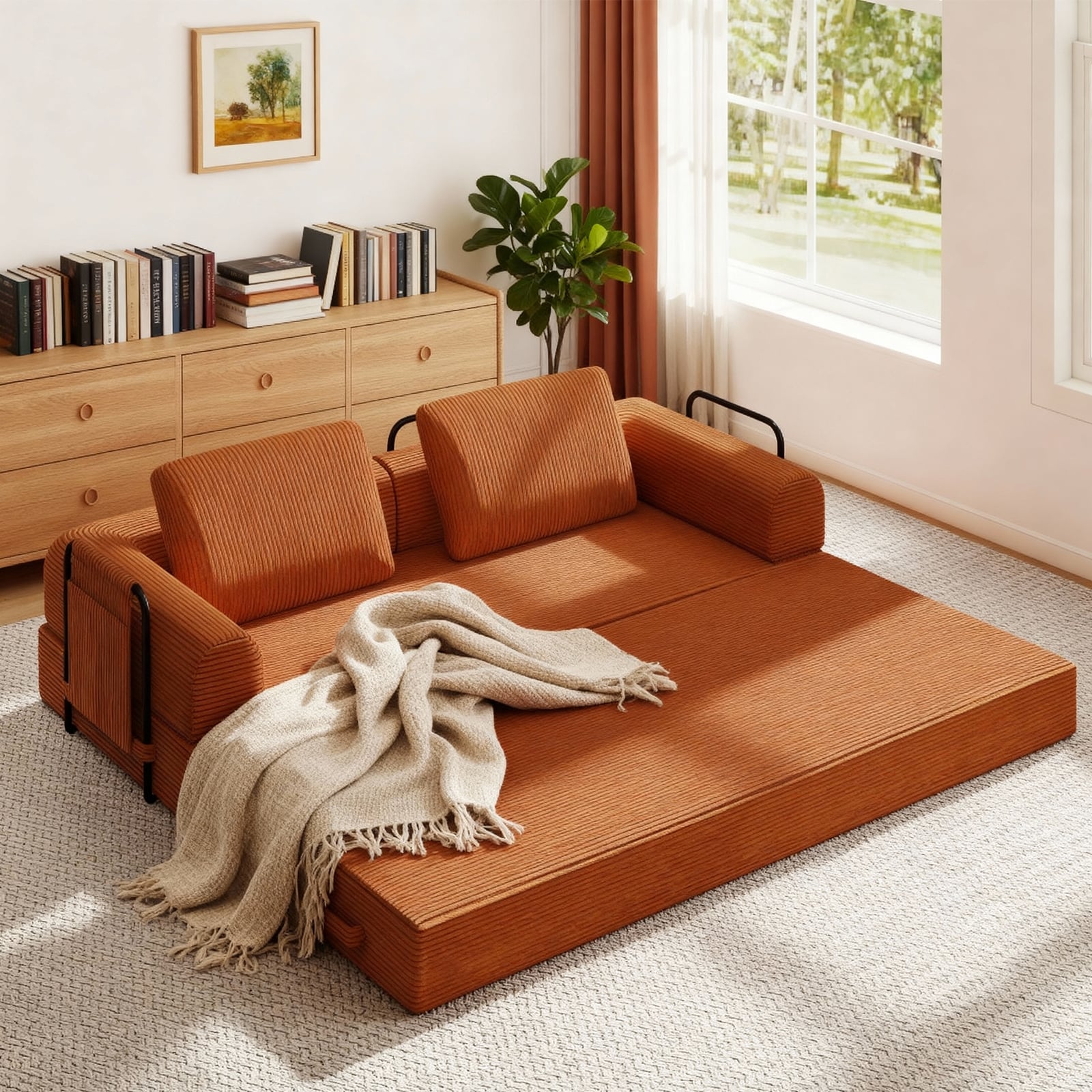 Orange Convertible Sleeper Sofa Bed with Armrests, Boneless Couch Lounge Loveseat Sofa Couch with Pull Out Bed
