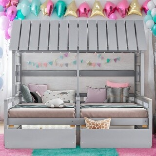 Modern 2 Side by Side Twin Size House Platform Beds with Two Drawers for Bedroom