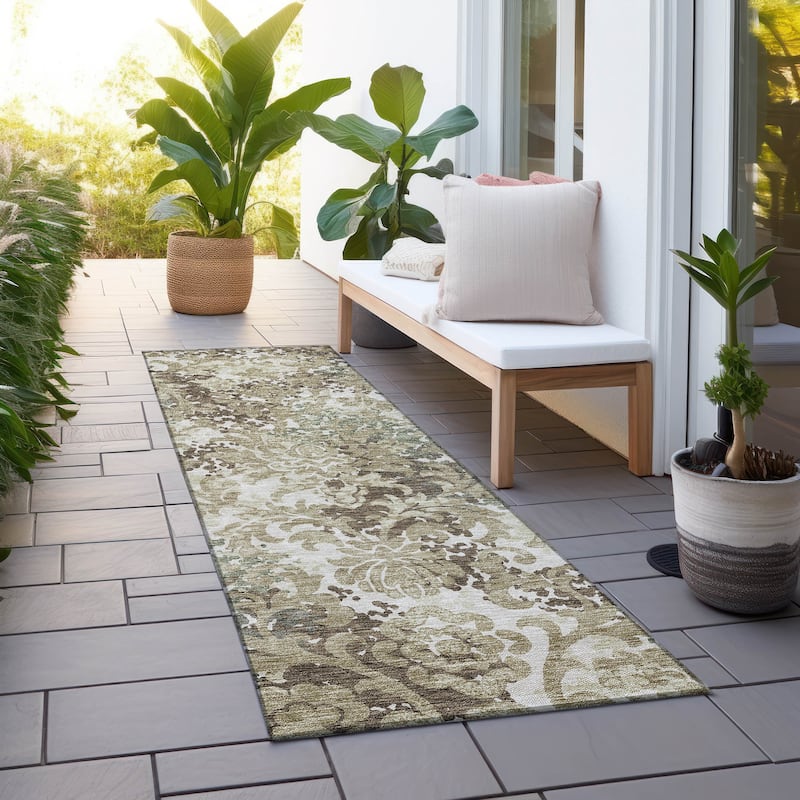 Machine Washable Indoor/ Outdoor Chantille Abstract Damask Rug - Brown - 2'3" x 7'6"