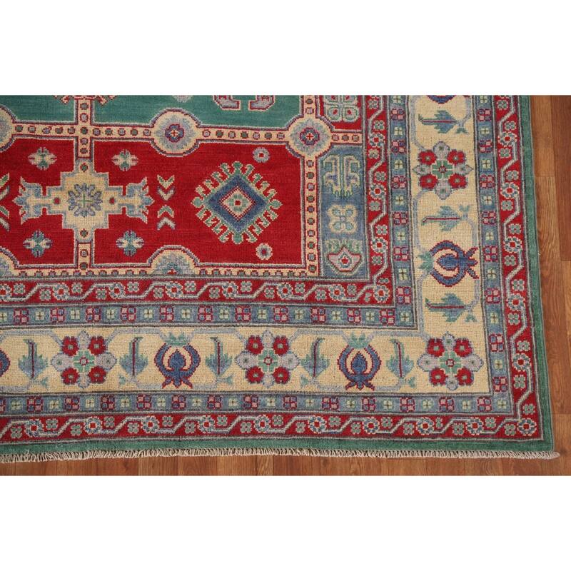 Hand Knotted Oriental 100% Wool Carpet Traditional Geometric Green Kazak Area Rug - 9' 9'' X 6' 7''
