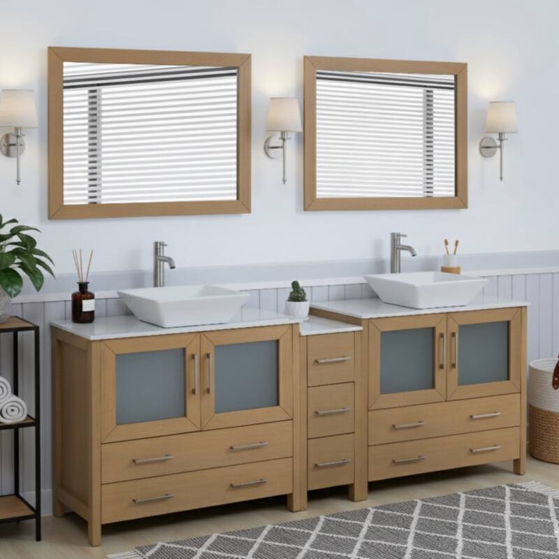 Vanity Art 84" Double Sink Bathroom Vanity Set with Engineered Marble Top and Free Mirrors