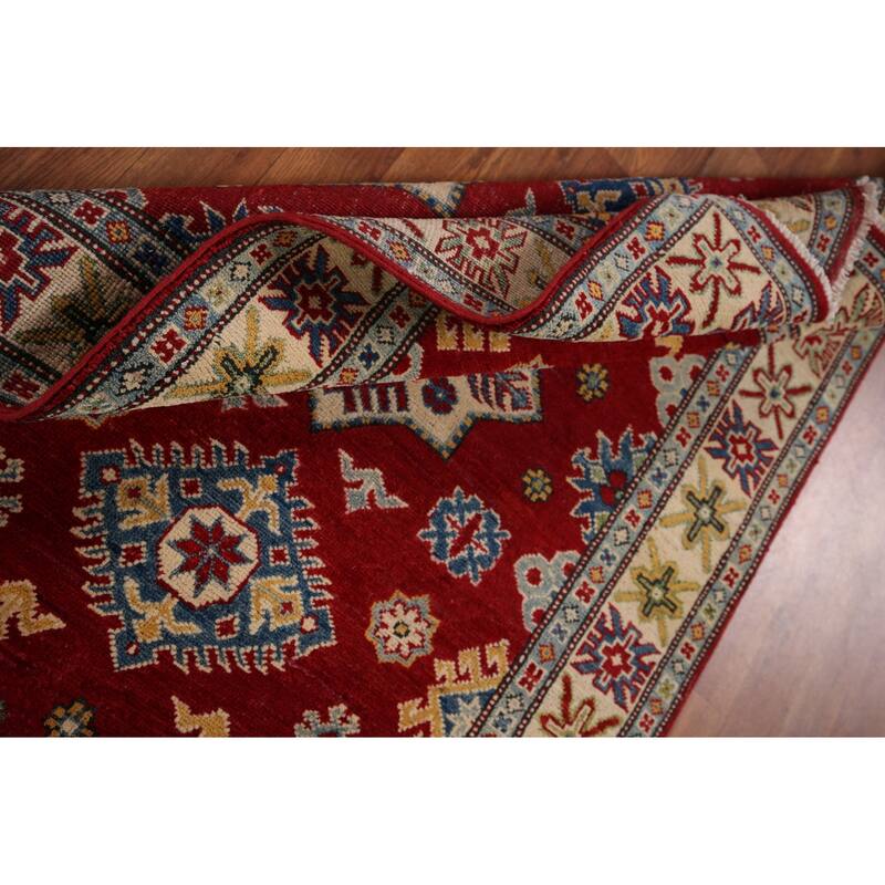Red Geometric Kazak Accent Rug Handmade Traditional Wool Carpet - 3'5" x 5'0"