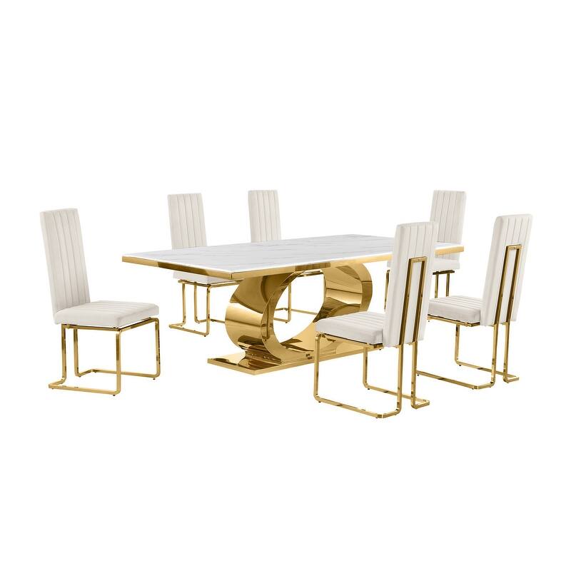 Best Quality Furniture D432/3-SC340-7 Dining Set with 87" White Marble Top