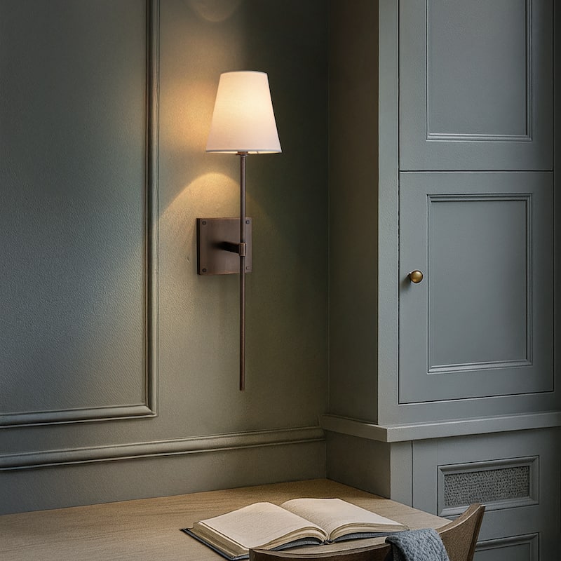 25" Tall Transitional Wall Sconce in Bronze with White Linen Shade Farmhouse Fabric Wall Light for Bedside Hallway Bathroom - W6'' - Bronze