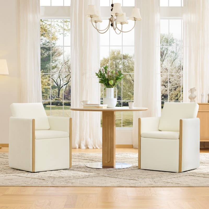 Spruce & Spring Modern Chenille Dining Chair with Casters, Wood Inlay & Hidden Storage - Set of 2 - Cream