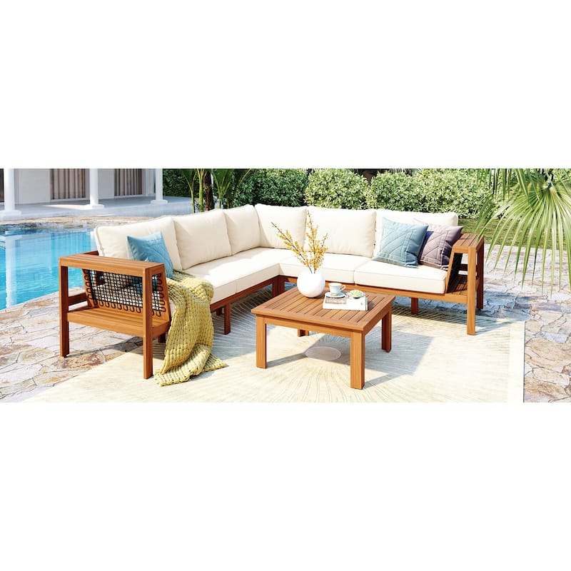 Roomfitters 4-Piece Outdoor Sectional Sofa Set with Coffee Table and Built-in Side Shelves, Wood Frame