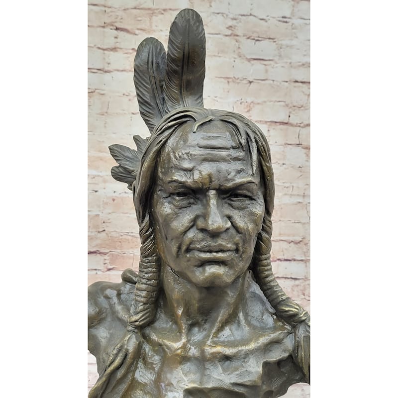 Hot Cast Bronze Bust Sculpture Statue Of Native American Indian Man W/ Braided Hair