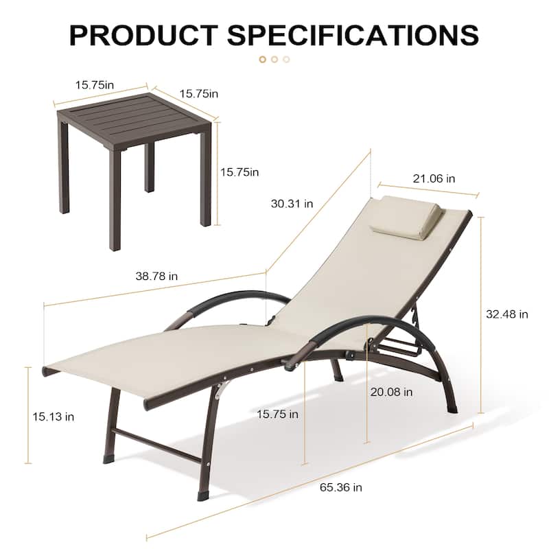 3-piece Outdoor Adjustable Aluminum Reclining Chaise Lounge Chairs with Wheels and Side Table Set