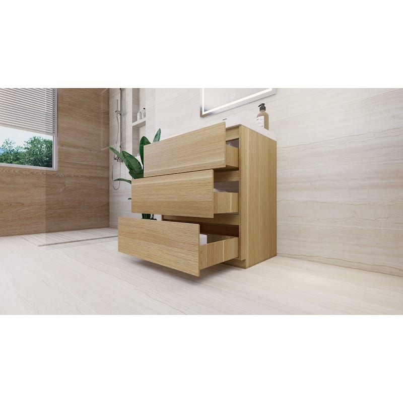 Angeles 30 natural oak finish freestanding bath vanity with single basin reinforced acrylic top