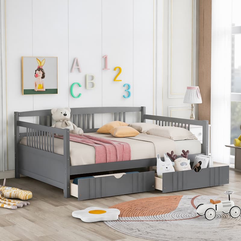 Daybed Wood Bed with Two Drawers - Grey Full - Full