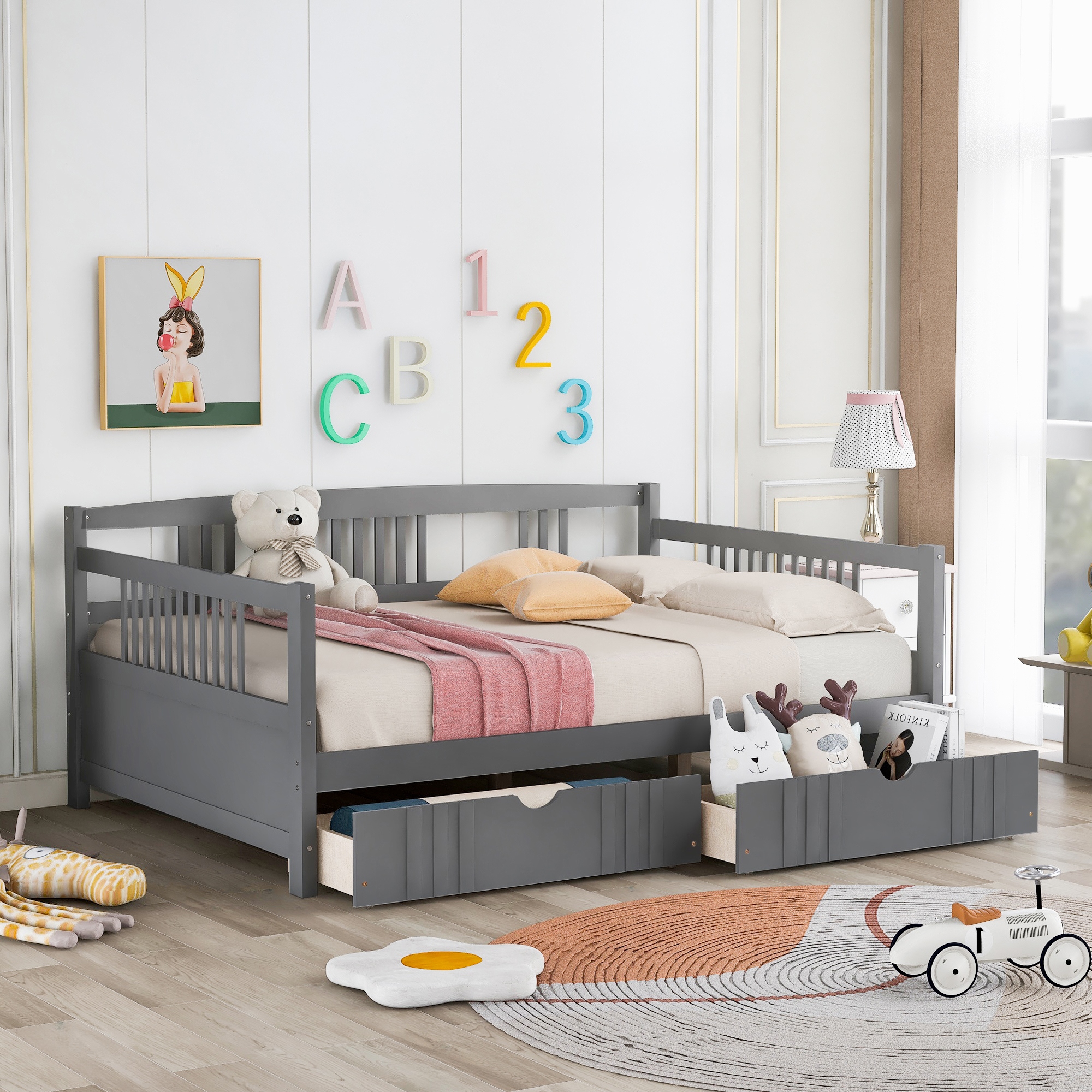 Multi-functional Solid Wood Daybed with Two Drawers, Full Size - Gray