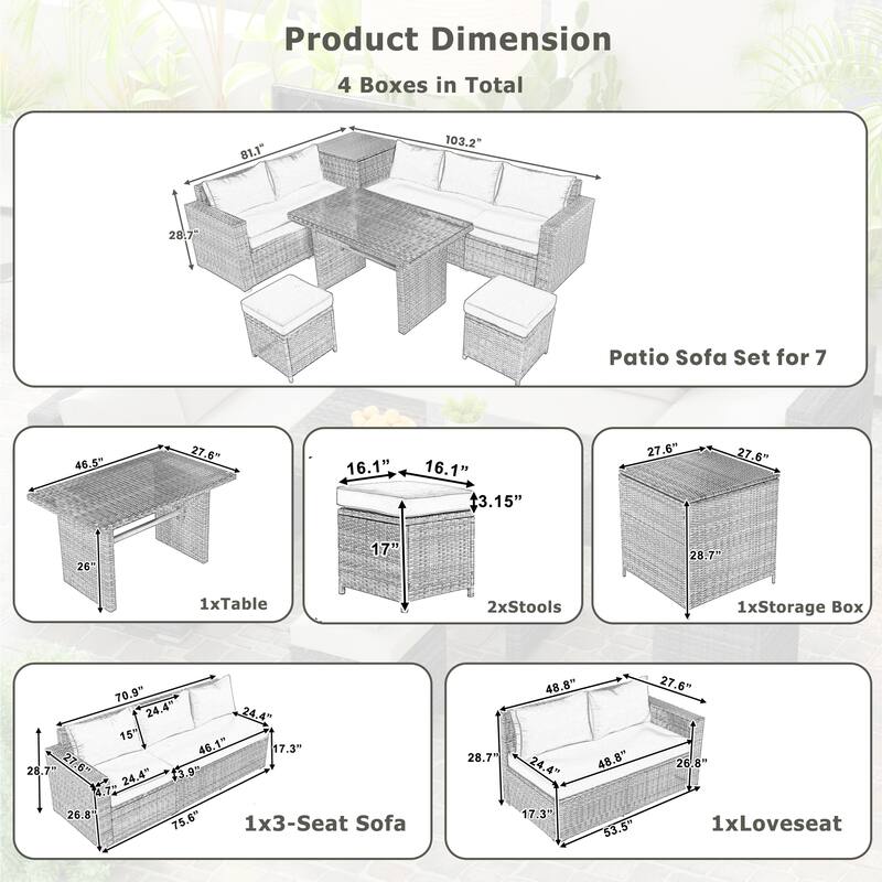 Roomfitters 6-Piece All-Weather PE Rattan Patio Sofa Set with Adjustable Seats, Storage Box and Glass Top Table