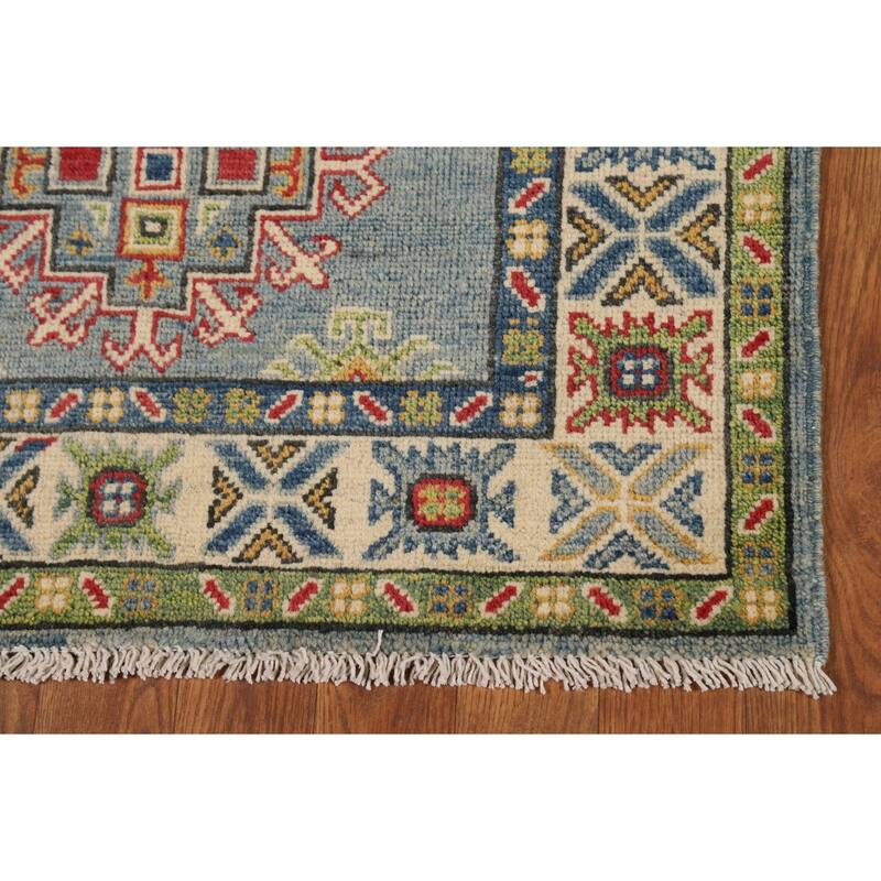 Blue Geometric Kazak Foyer Rug Oriental Handmade Wool Carpet - 2'8"x 4'1"