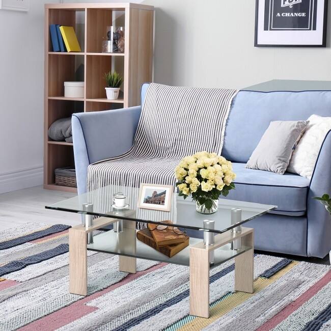 Rectangle Glass Coffee Table with Metal Legs for Living Room - 39" x 23.5" x 17.5"