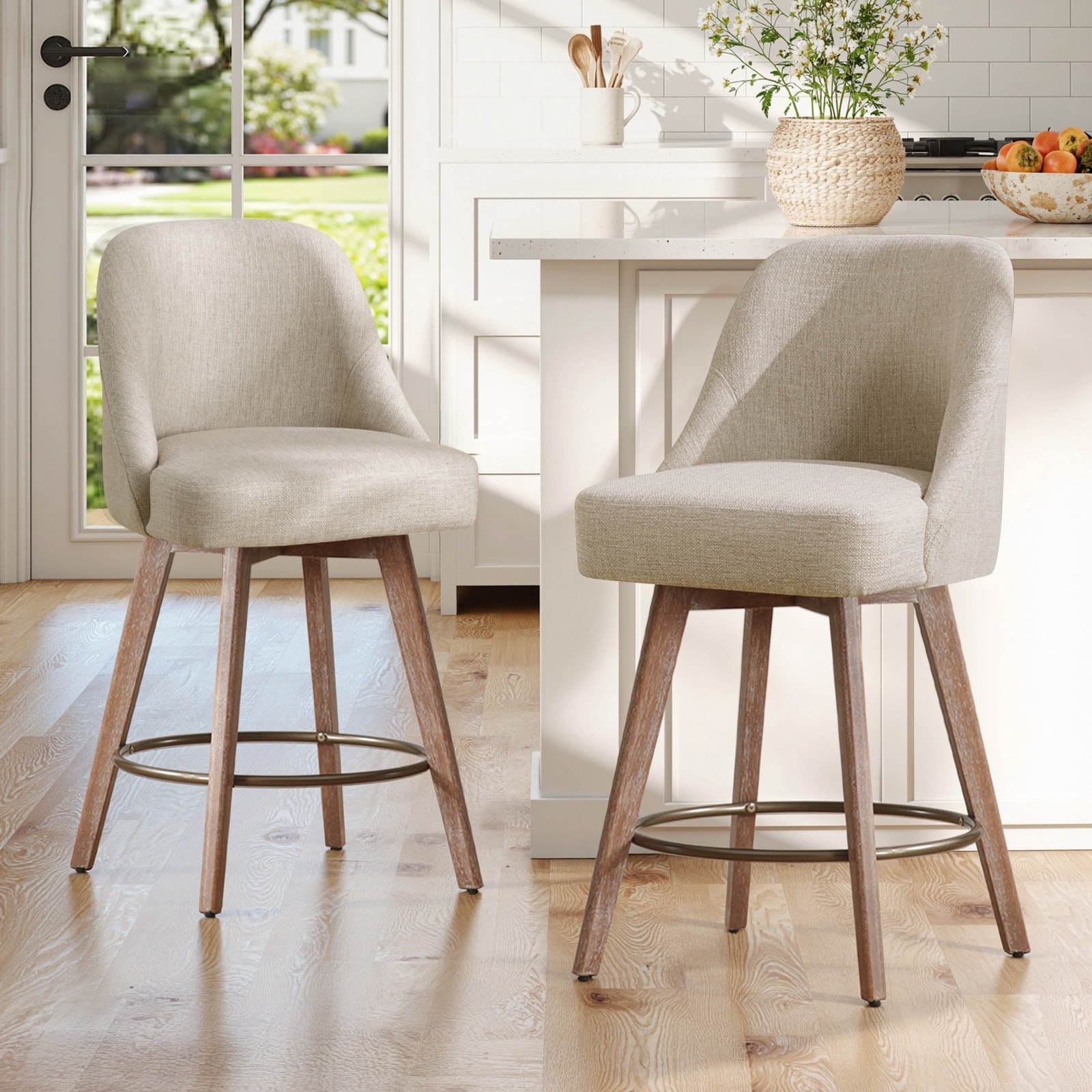 26" Upholstered Swivel Counter Stool with Solid Wood Legs