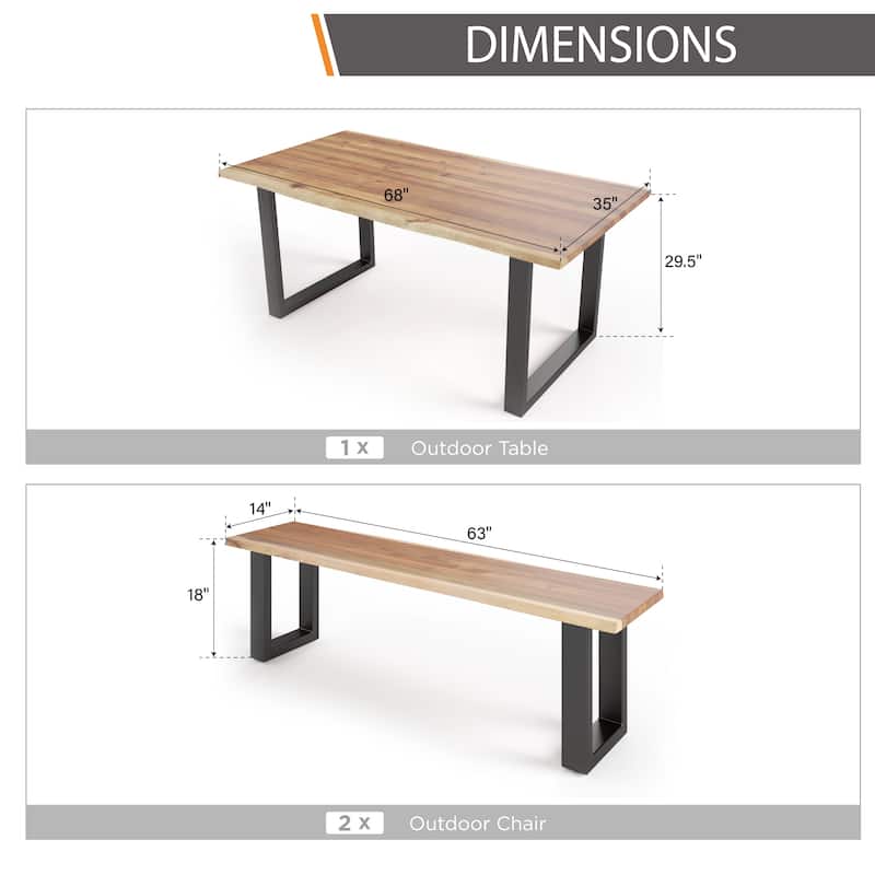 MAISON ARTS 3-Piece Patio Dining Table Set Acacia Wood with 1 Rectangular Table and 2 Benches
