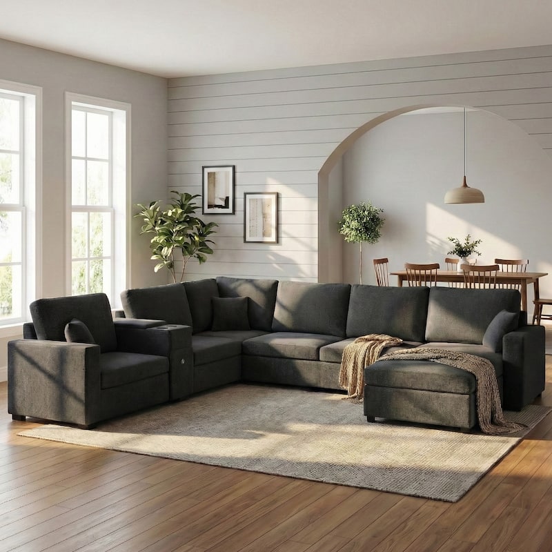 GDFStudio - 134" Modular Chenille U-Shape 5-Seat Sectional Sofa with Storage - Black