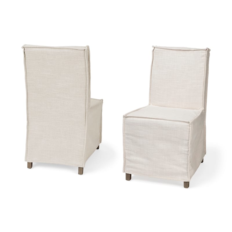 Elbert I Cream Fabric Slip-Cover w/ Brown Solid Wood Base Dining Chair (Set of 2) - 19.3"W x 21.8"D x 35.3"H