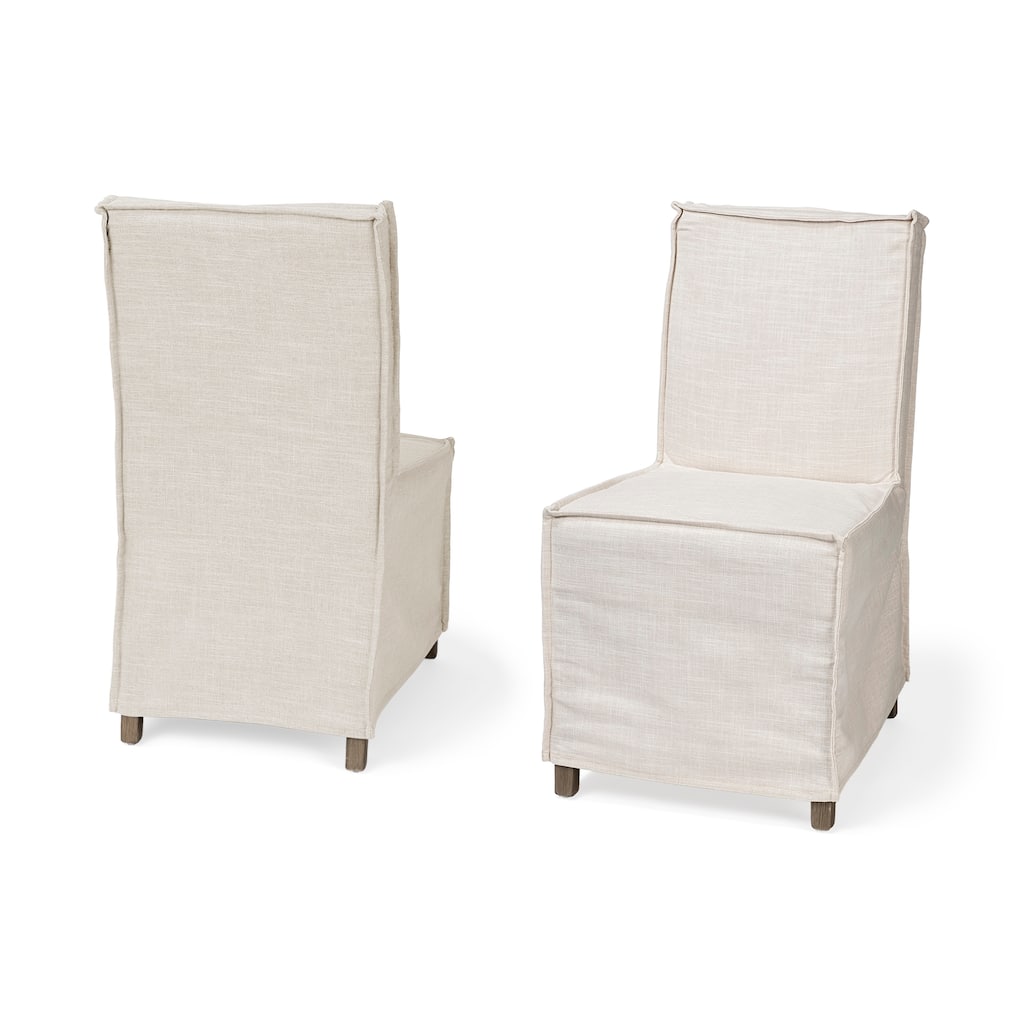 Elbert I Cream Fabric Slip-Cover w/ Brown Solid Wood Base Dining Chair (Set of 2) - 19.3"W x 21.8"D x 35.3"H