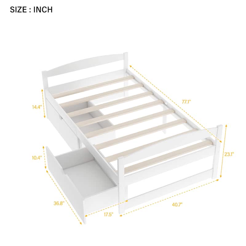 White Twin Size Platform Bed with Two Storage Drawers
