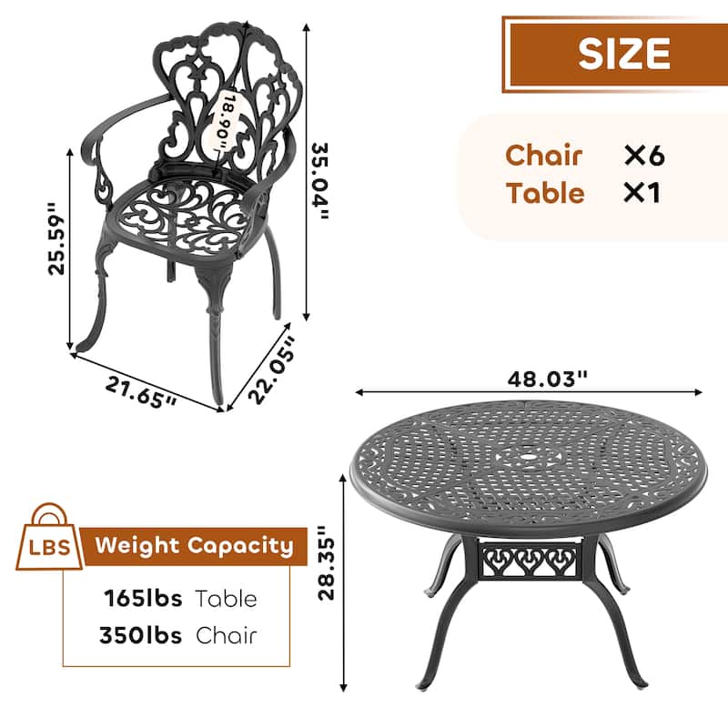 5/7-Piece Cast Aluminum Outdoor Dining Set with 48.03 in. Round Table and Random Color Cushions