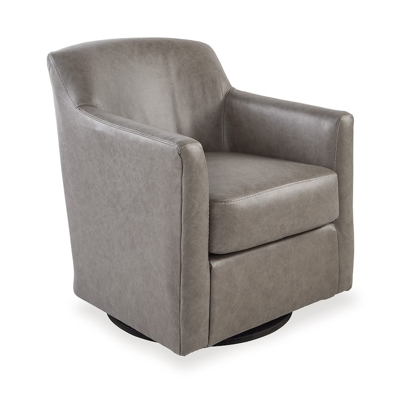 Leena Swivel Accent Chair, Plush Gray Genuine and Faux Leather, Black Metal