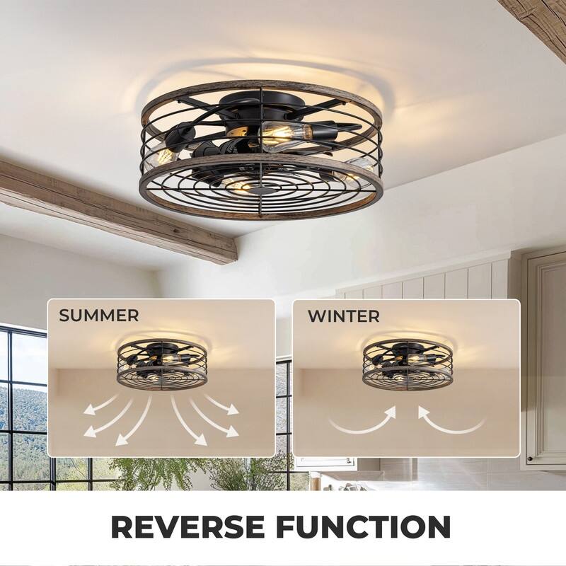 20 in. Wood Finish Ceiling Fan with Light Low Profile Farmhouse Indoor Ceiling Fans Caged Ceiling Fan Light for Bedroom - N/A