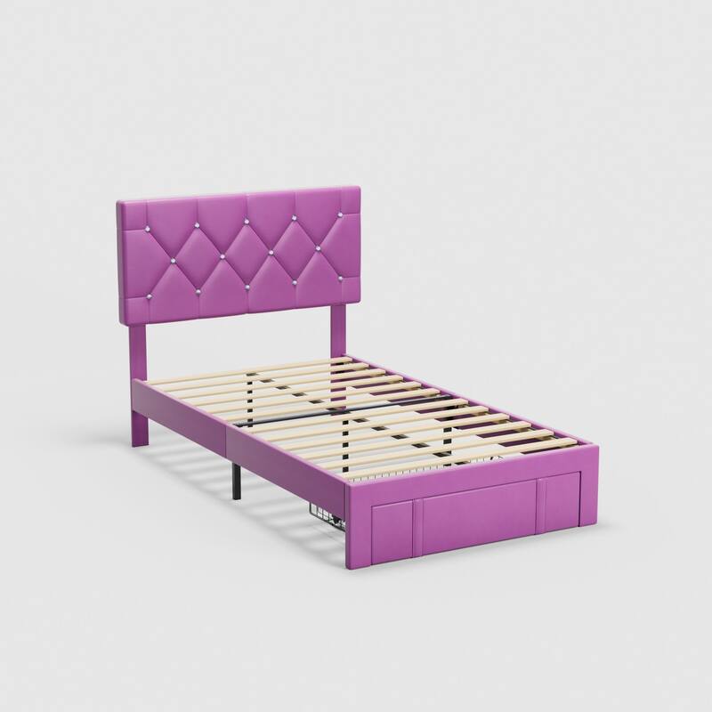 VECELO Bed Frame with Storage Drawers Leather Upholstered with Diamond Tufted Headboard Solid Wood Slat Support