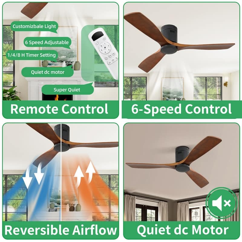 Sleek 52" Low Profile Walnut Ceiling Fan - Quiet, Remote Controlled, No Light