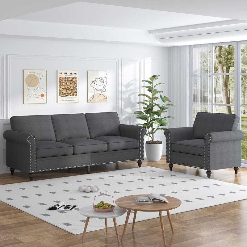 Mixoy 2 Piece Living Room Sofa Set with Rivet Design,Linen 3-Seater Sofa Couch,Loveseat Sofa/Single Sofa Chair - 3+1 - Dark Grey-3+1