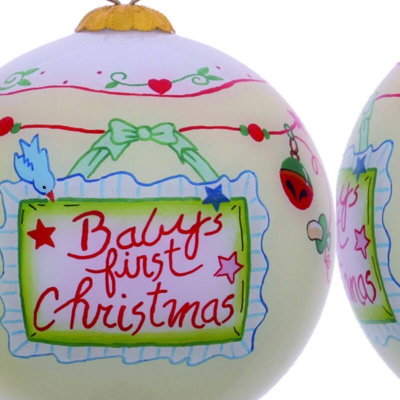 HomeRoots Baby's First Christmas with Motifs Hand Painted Mouth Blown Glass Ornament - 3