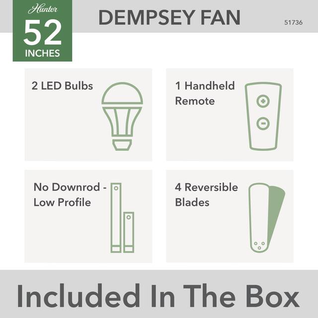 Hunter 52" Dempsey Flush Mount Ceiling Fan w/ LED Light Kit and Handheld Remote